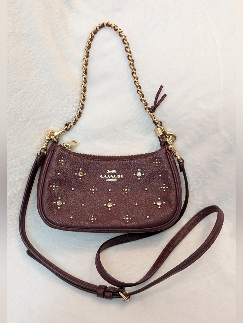 Coach Teri Mini Crossbody Bag Dark Wine Leather Handbag Gems EUC - Picture 2 of 10